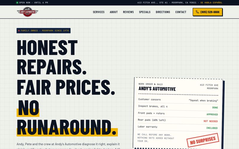 First screen of the "Work Order" concept redesign for a auto repair shop in Moorpark