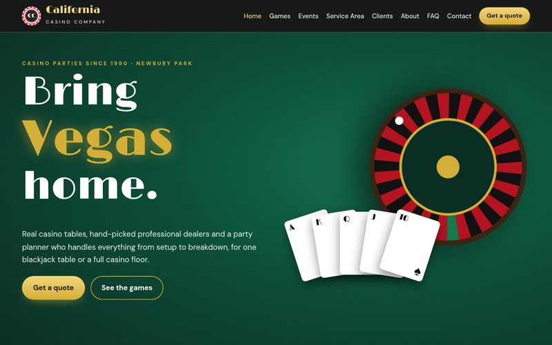 First screen of the "High Roller Deco" concept redesign for a casino party rentals in Newbury Park