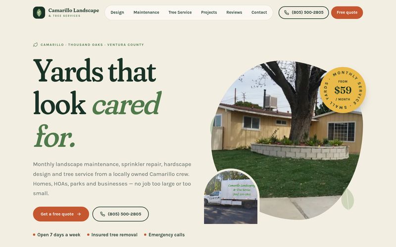 First screen of the "Almanac" concept redesign for a landscape & tree service in Camarillo