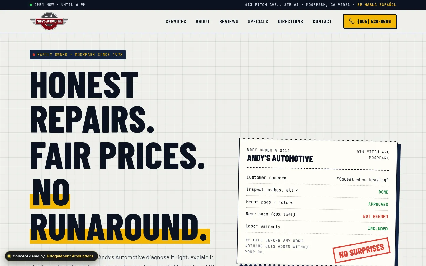 First screen of the “Work Order” concept redesign for a auto repair shop in Moorpark