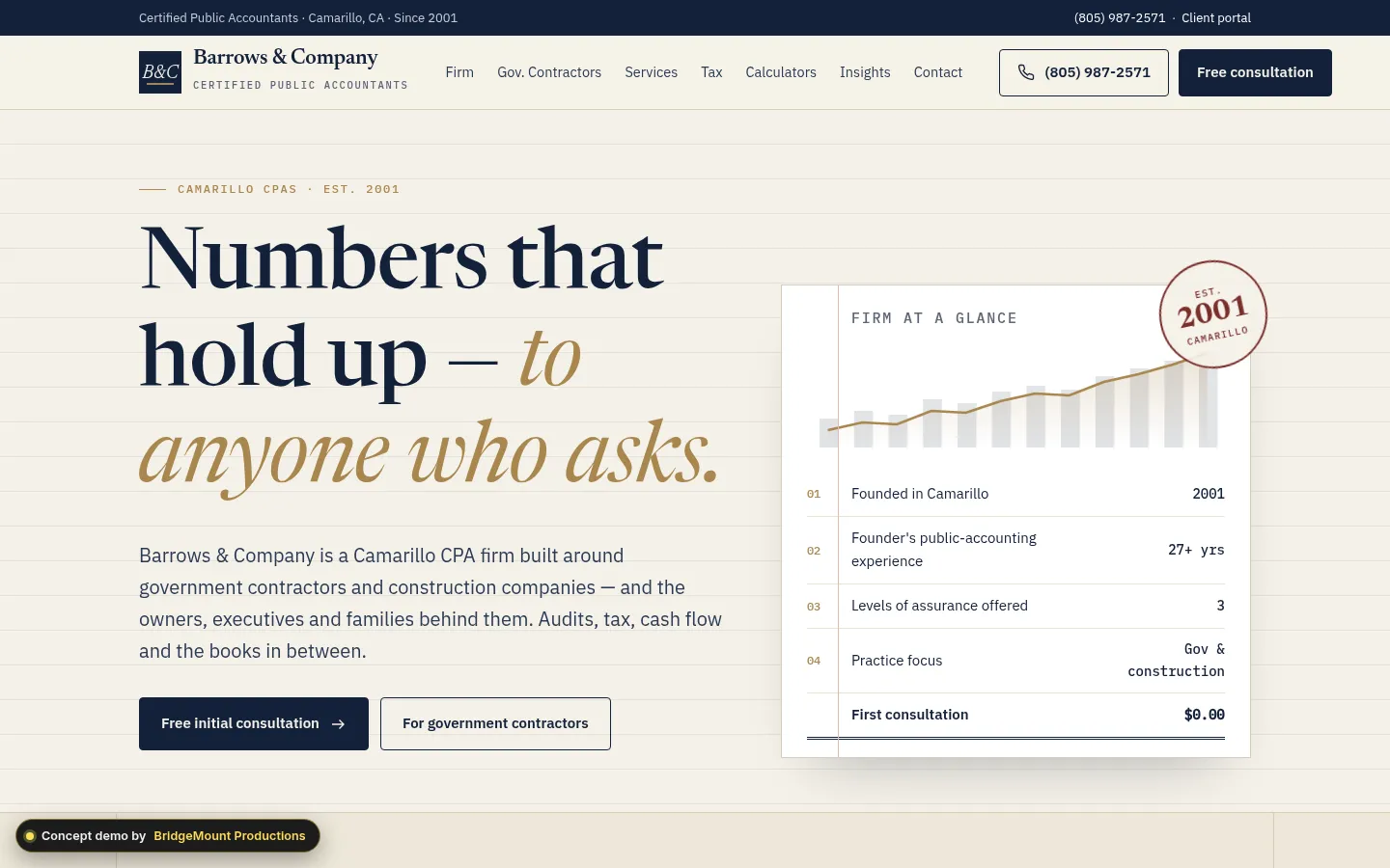 First screen of the “Ledger” concept redesign for a CPA firm in Camarillo