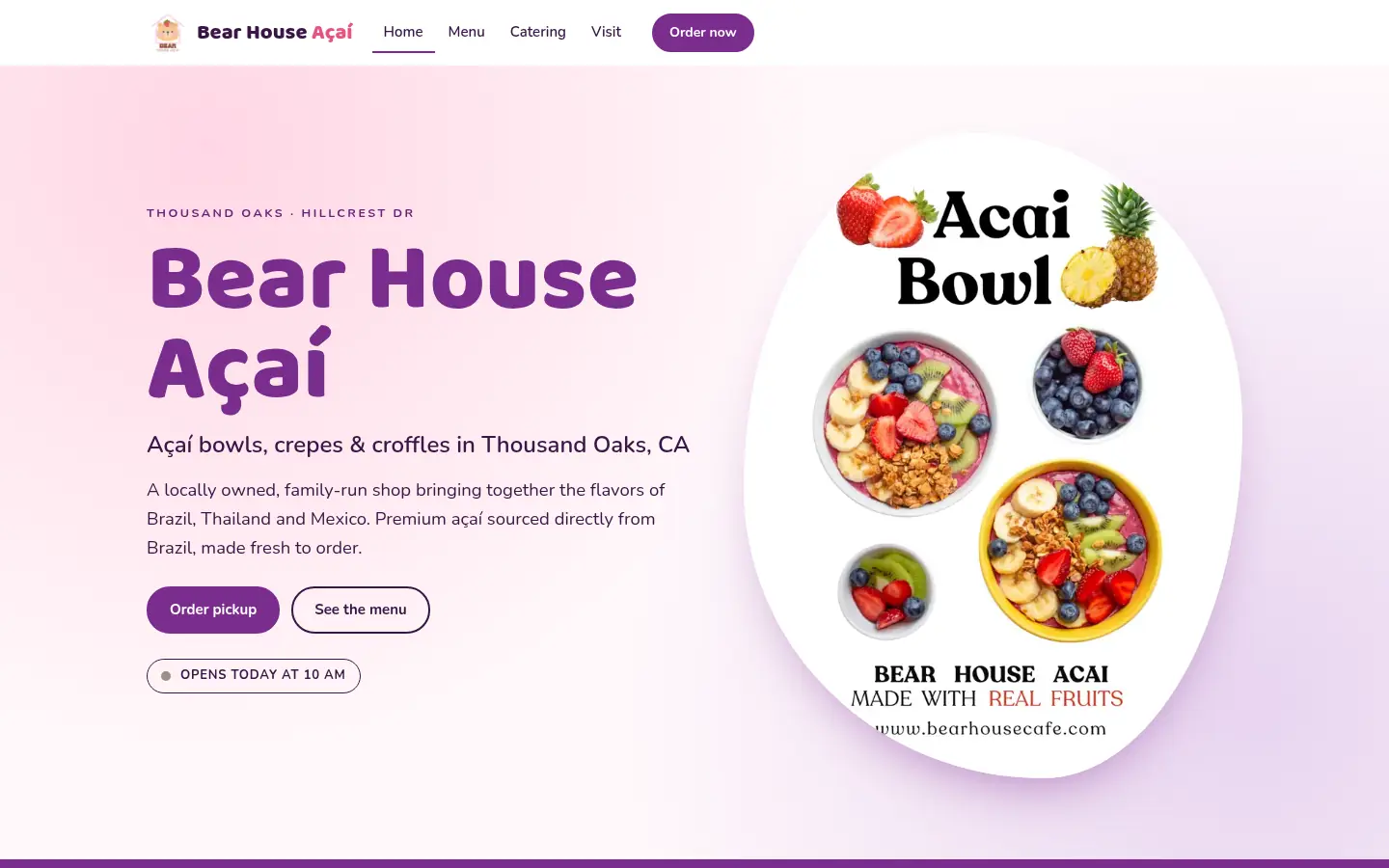 First screen of the “Berry Bear” concept redesign for Bear House Açaí, a açaí bowl & crepe café in Thousand Oaks