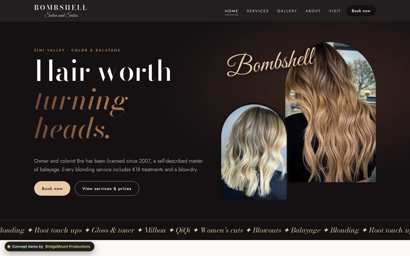 First screen of the “Balayage Editorial” concept redesign for a hair salon & suites in Simi Valley