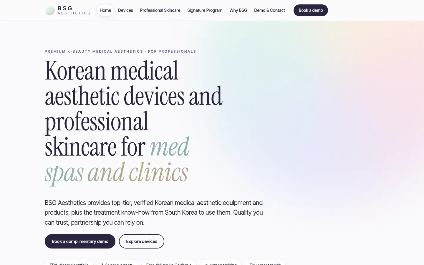 First screen of the “Glass Skin” concept redesign for BSG Aesthetics, a korean aesthetic device distributor in Santa Fe Springs