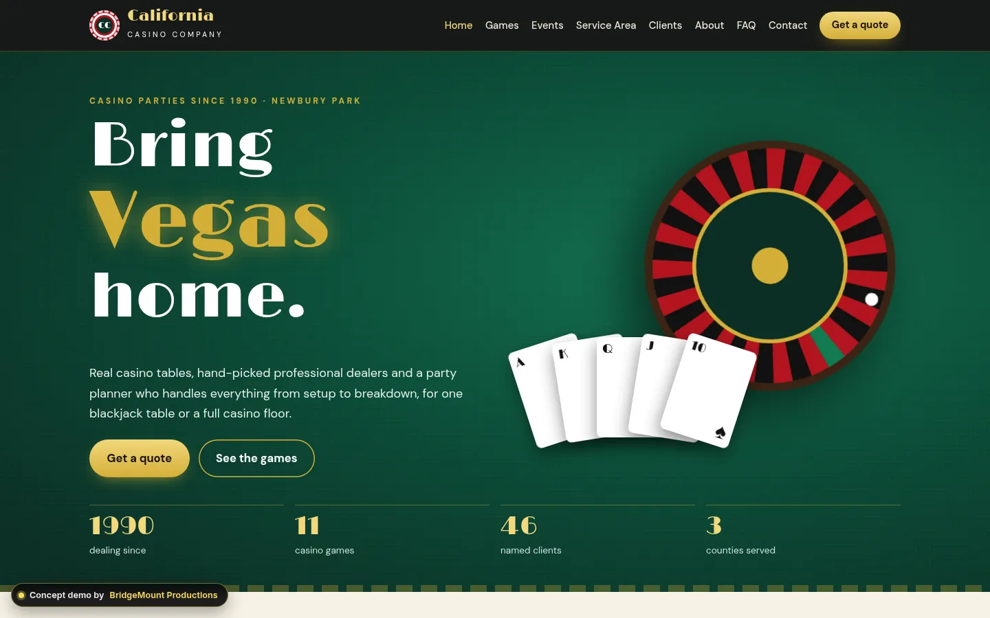 First screen of the “High Roller Deco” concept redesign for a casino party rentals in Newbury Park