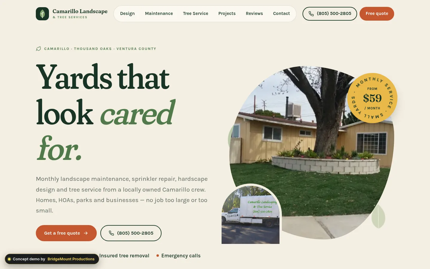 First screen of the “Almanac” concept redesign for a landscape & tree service in Camarillo