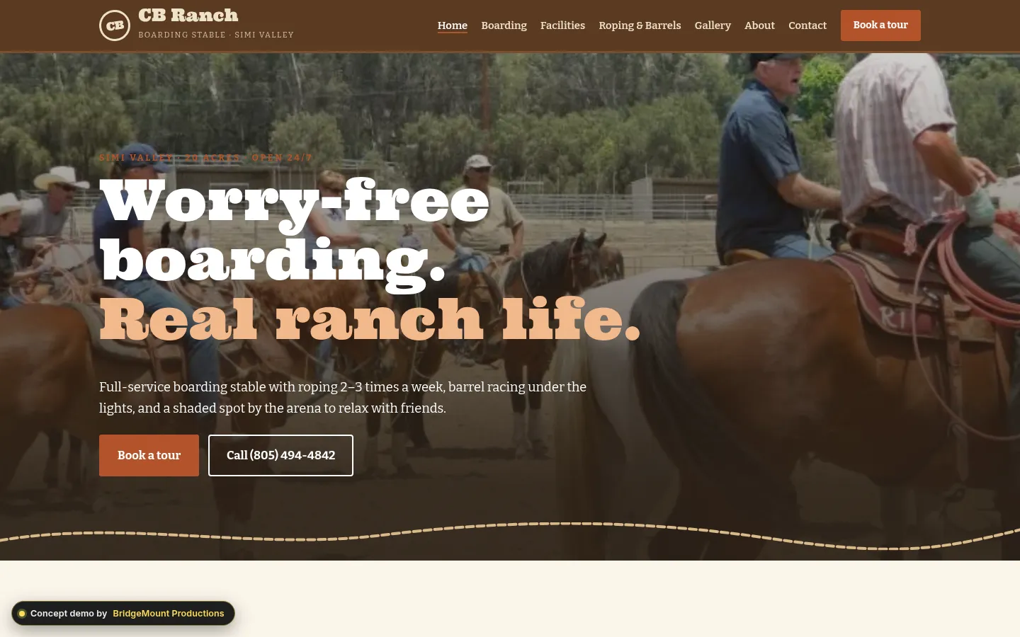 First screen of the “Rope & Brand” concept redesign for a horse boarding ranch in Simi Valley