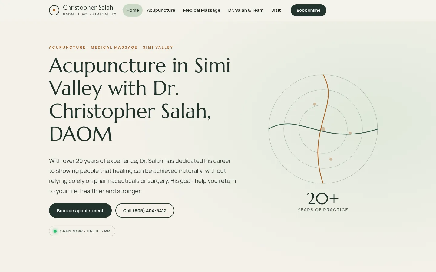 First screen of the “Meridian” concept redesign for Dr. Christopher Salah, DAOM, a acupuncture & medical massage in Simi Valley
