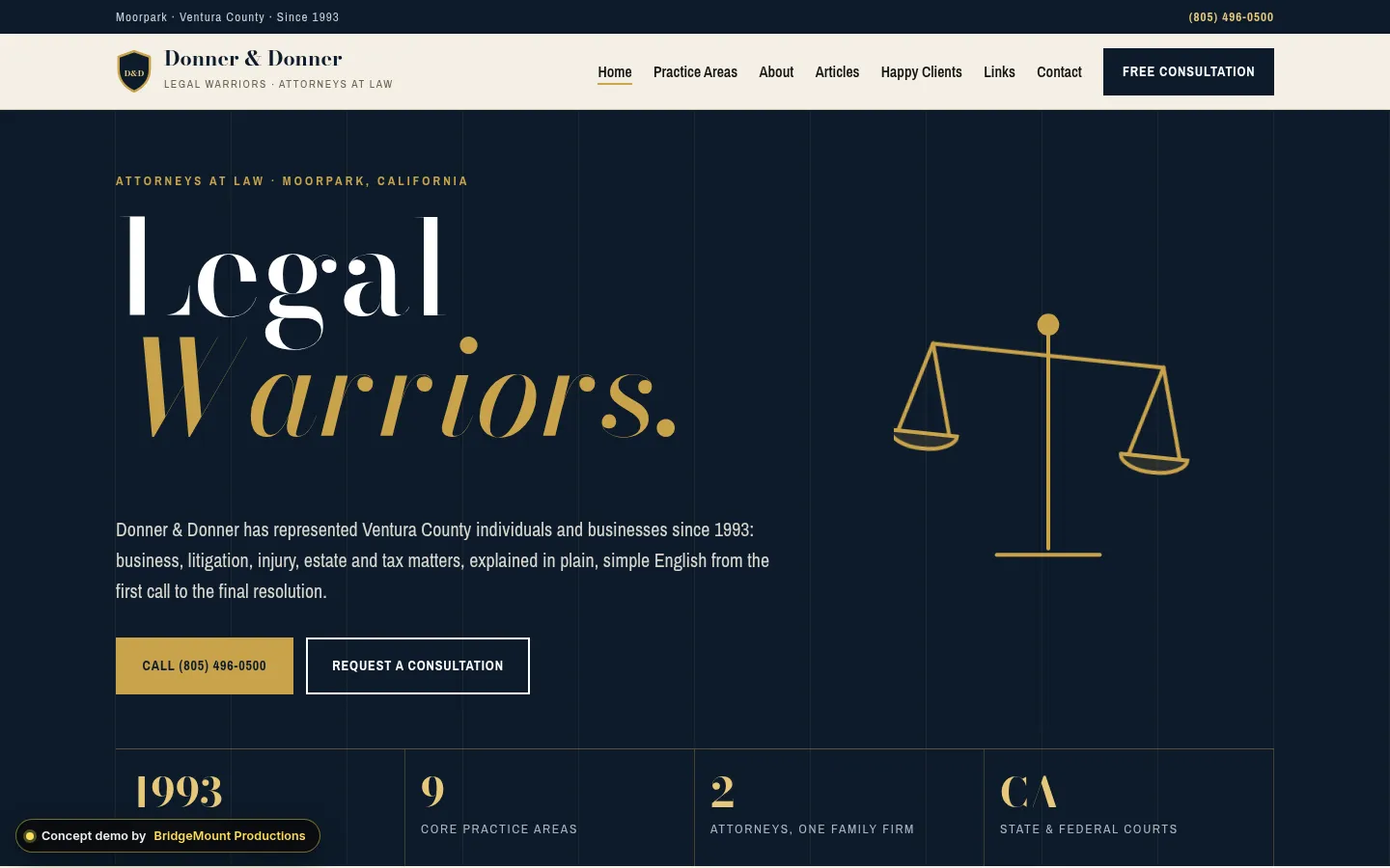 First screen of the “Brass & Bodoni” concept redesign for a business & litigation law firm in Moorpark