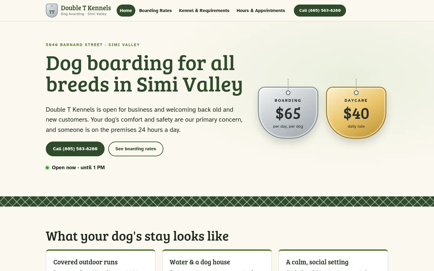 First screen of the “Dog Tag” concept redesign for Double T Kennels, a dog boarding kennel in Simi Valley