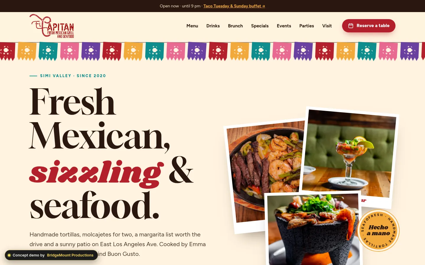 First screen of the “Fiesta Cantina” concept redesign for a mexican grill & seafood restaurant in Simi Valley