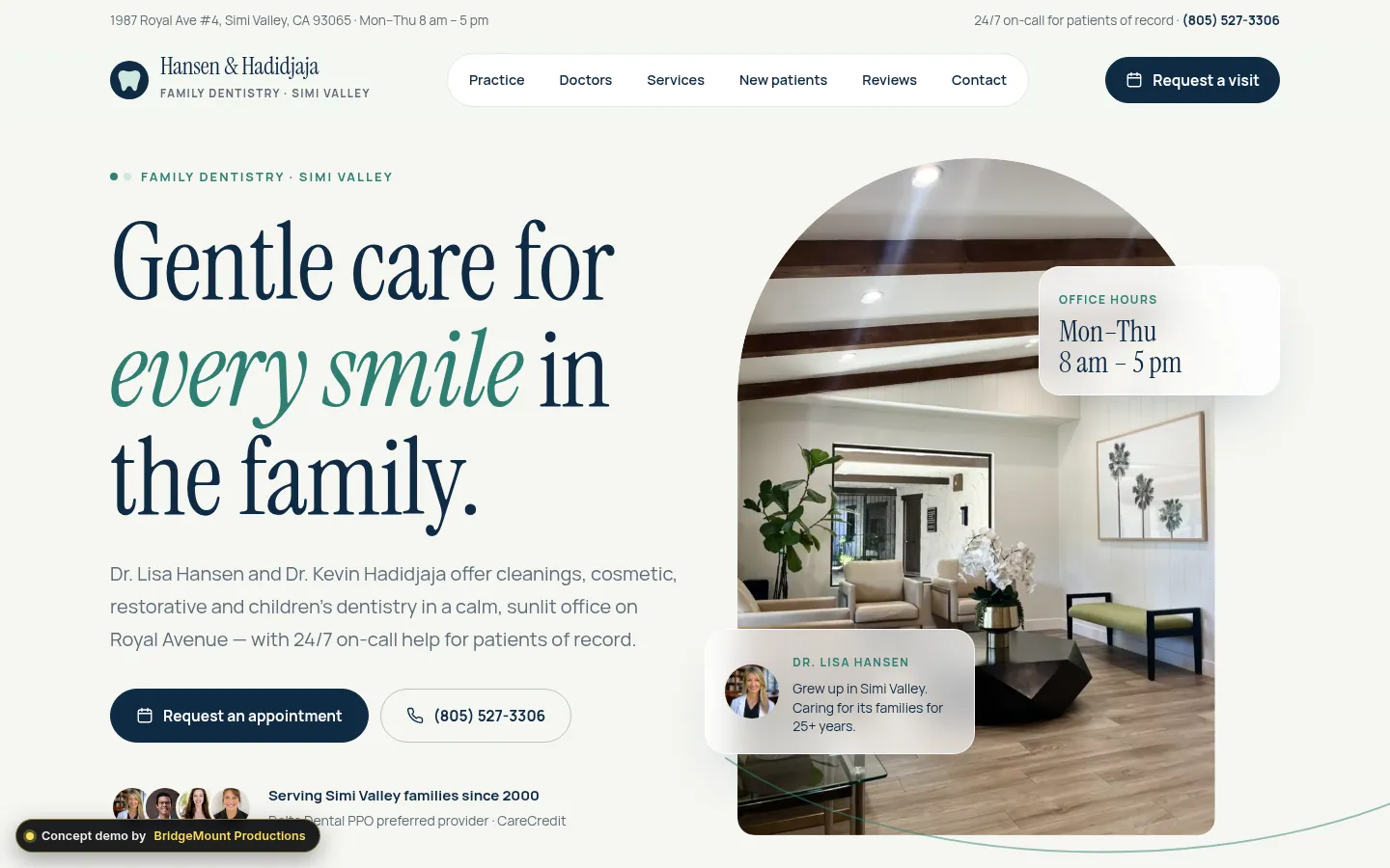 First screen of the “Porcelain” concept redesign for a family dental practice in Simi Valley