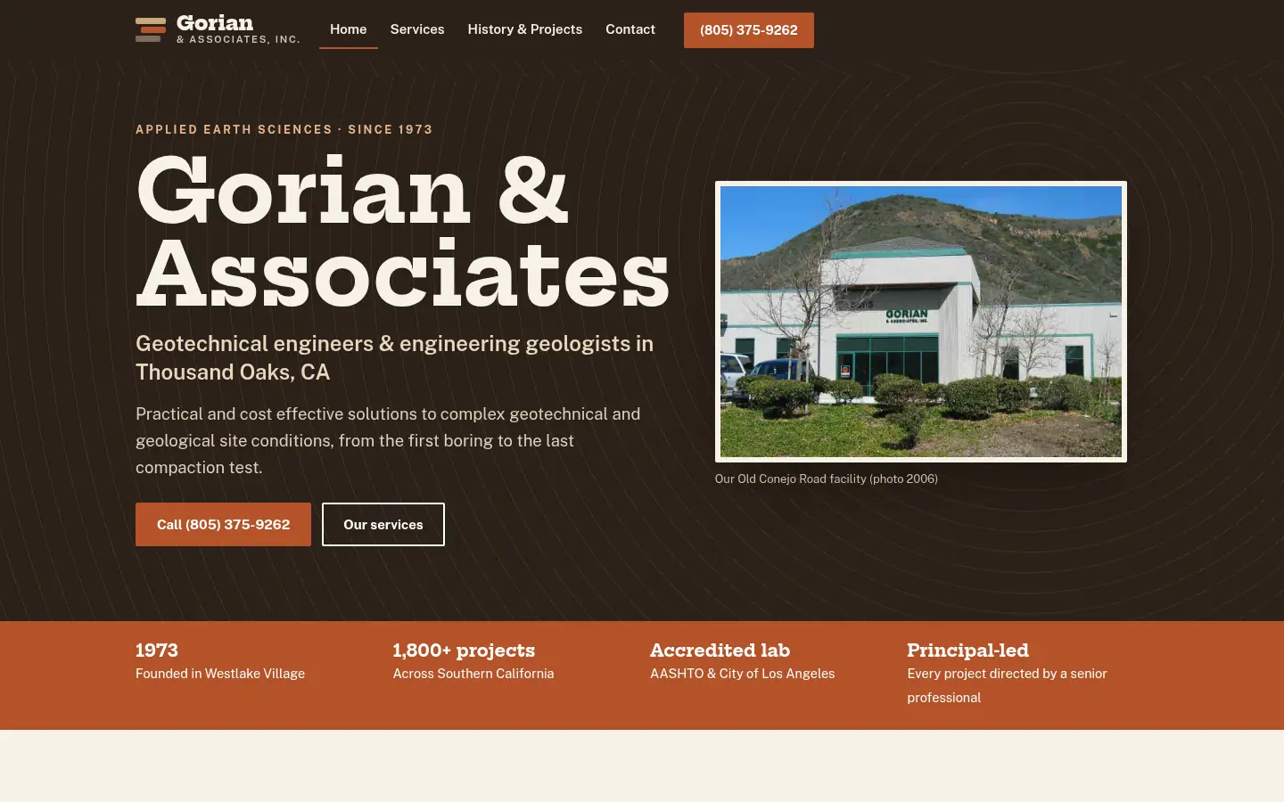 First screen of the “Strata” concept redesign for Gorian & Associates, a geotechnical engineering firm in Thousand Oaks