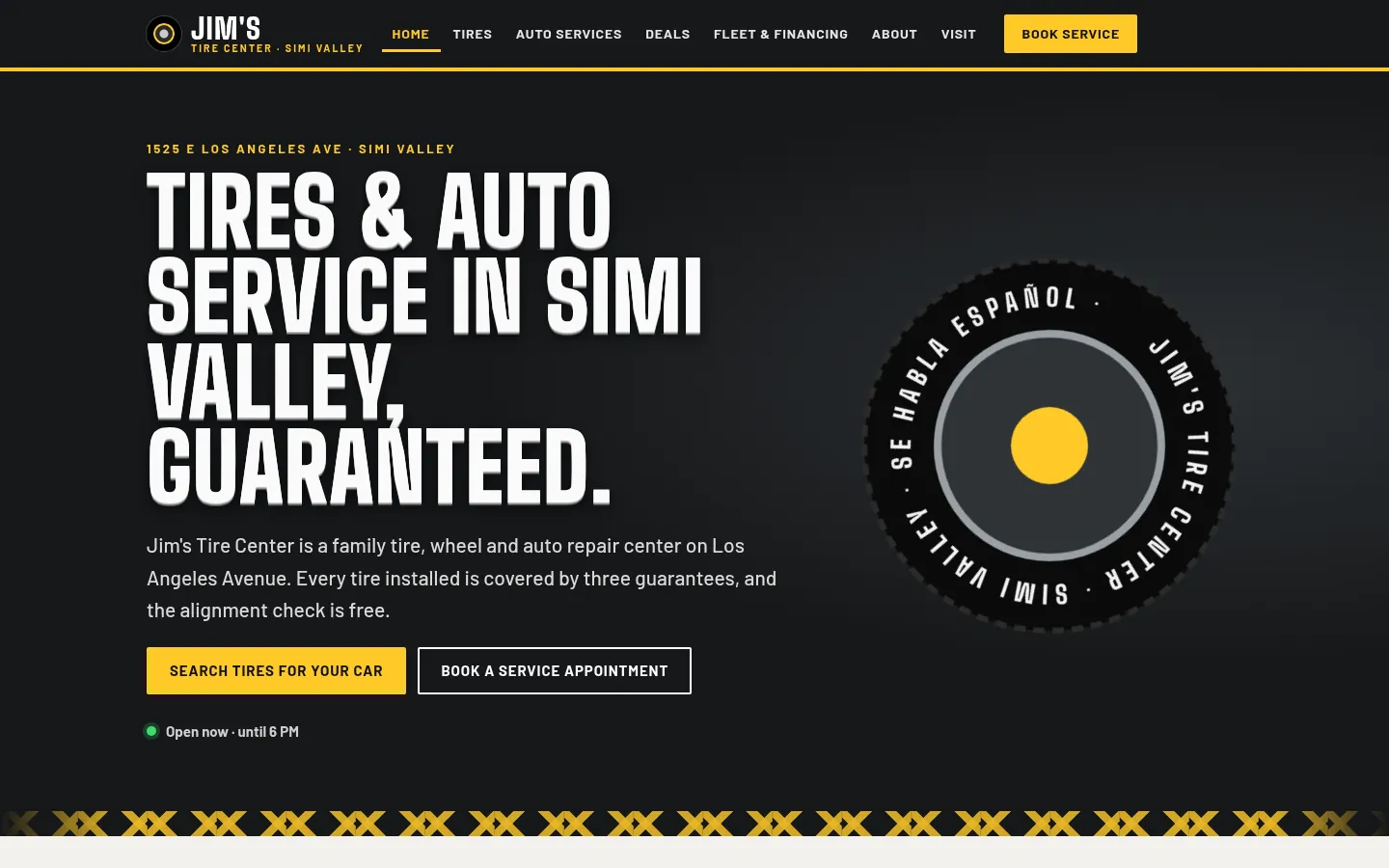 First screen of the “Sidewall” concept redesign for Jim’s Tire Center, a tires & auto service in Simi Valley