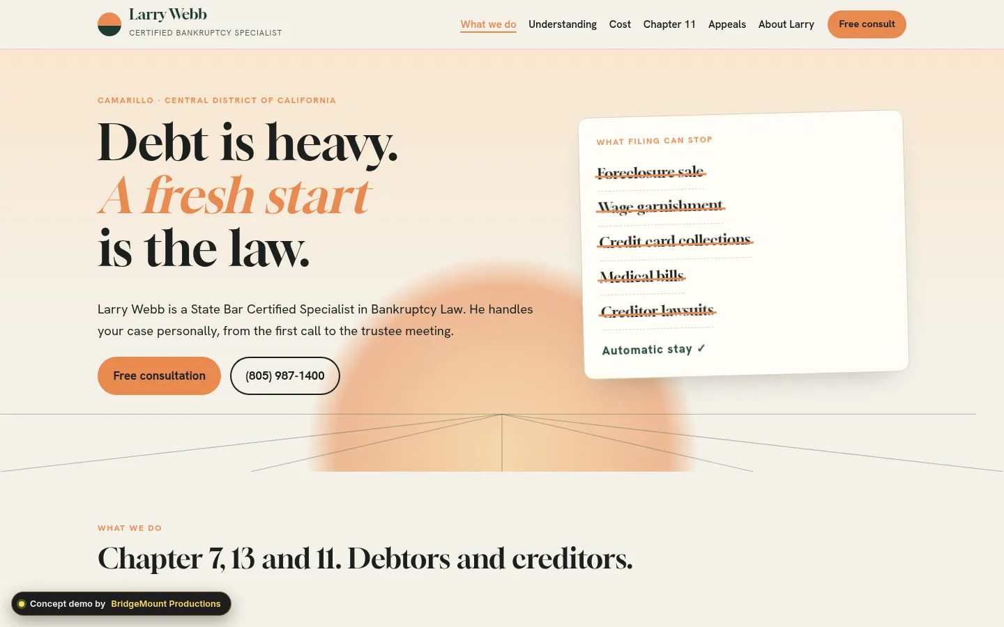 First screen of the “Clear Field” concept redesign for a bankruptcy law office in Camarillo