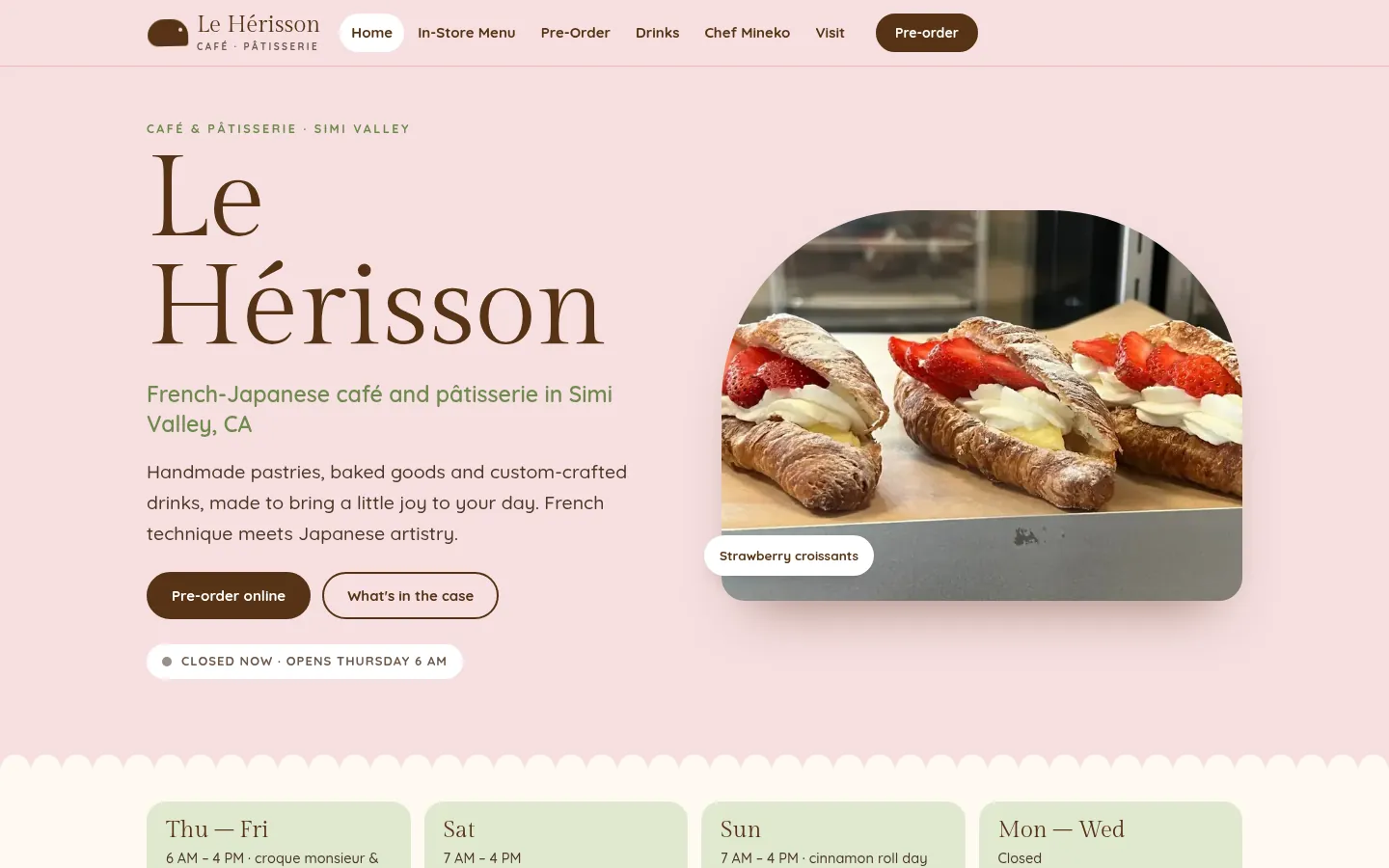 First screen of the “Bakery Box” concept redesign for Le Hérisson, a french-japanese pâtisserie in Simi Valley