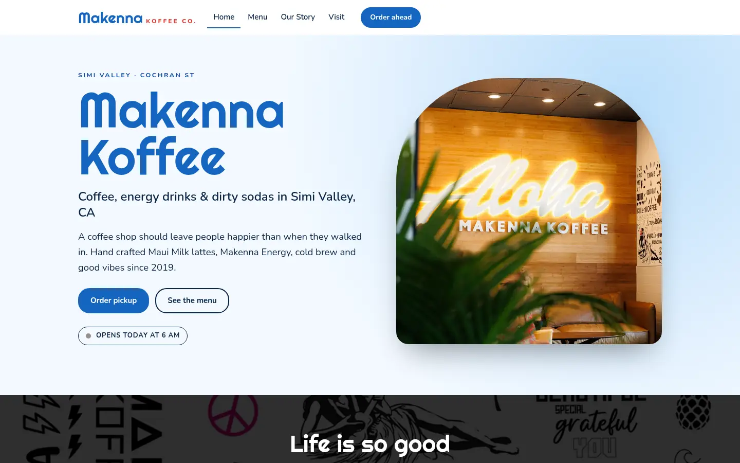 First screen of the “Aloha Board” concept redesign for Makenna Koffee, a coffee shop in Simi Valley