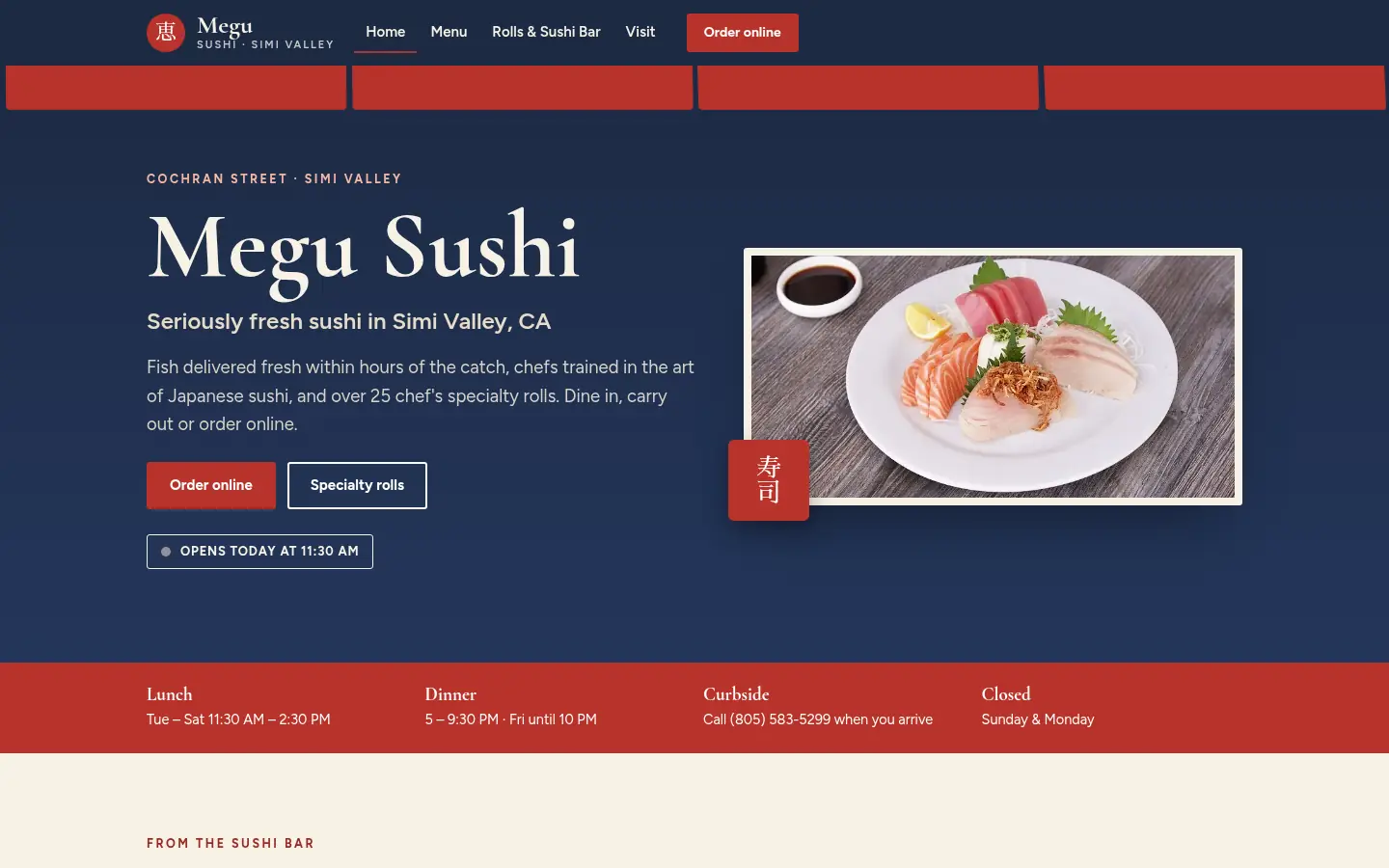 First screen of the “Noren” concept redesign for Megu Sushi, a sushi restaurant in Simi Valley