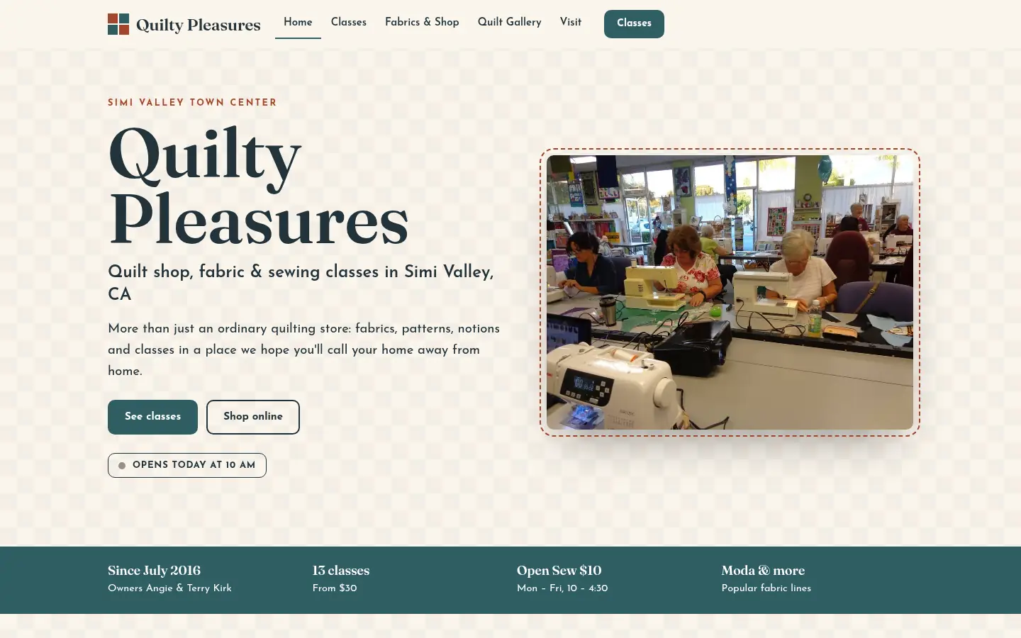First screen of the “Patchwork” concept redesign for Quilty Pleasures, a quilt & fabric shop in Simi Valley