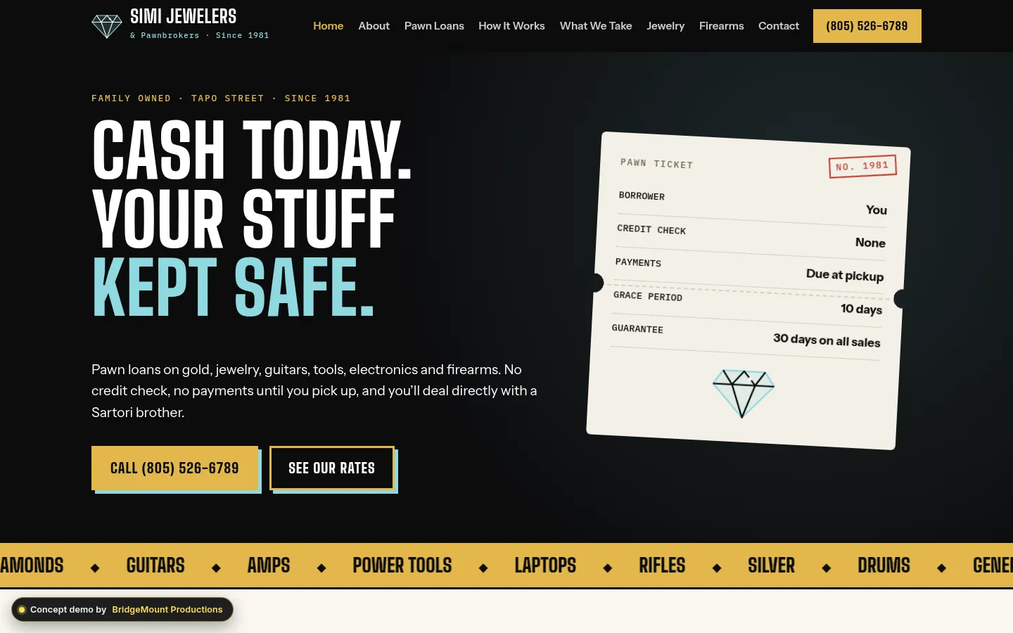 First screen of the “Pawn Ticket” concept redesign for a jewelry & pawn shop in Simi Valley