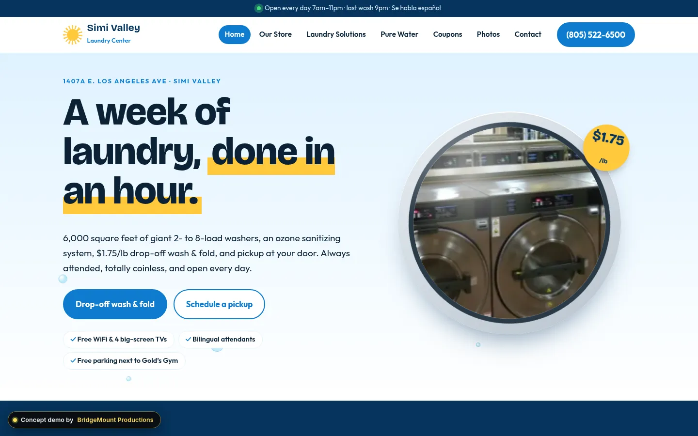 First screen of the “Spin Cycle” concept redesign for a laundromat & wash-and-fold in Simi Valley
