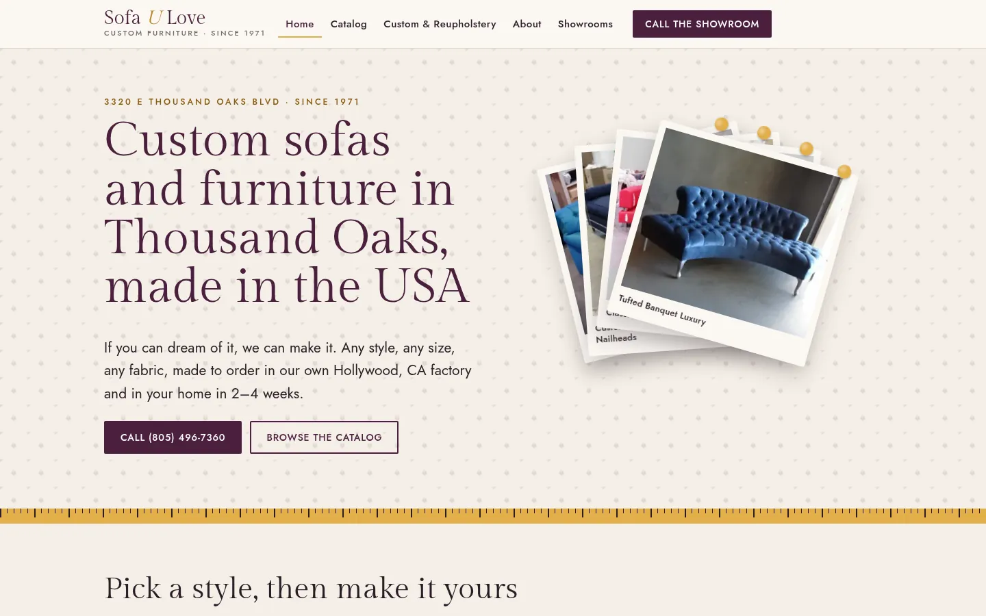 First screen of the “Swatch Book” concept redesign for Sofa U Love, a custom sofas & furniture in Thousand Oaks