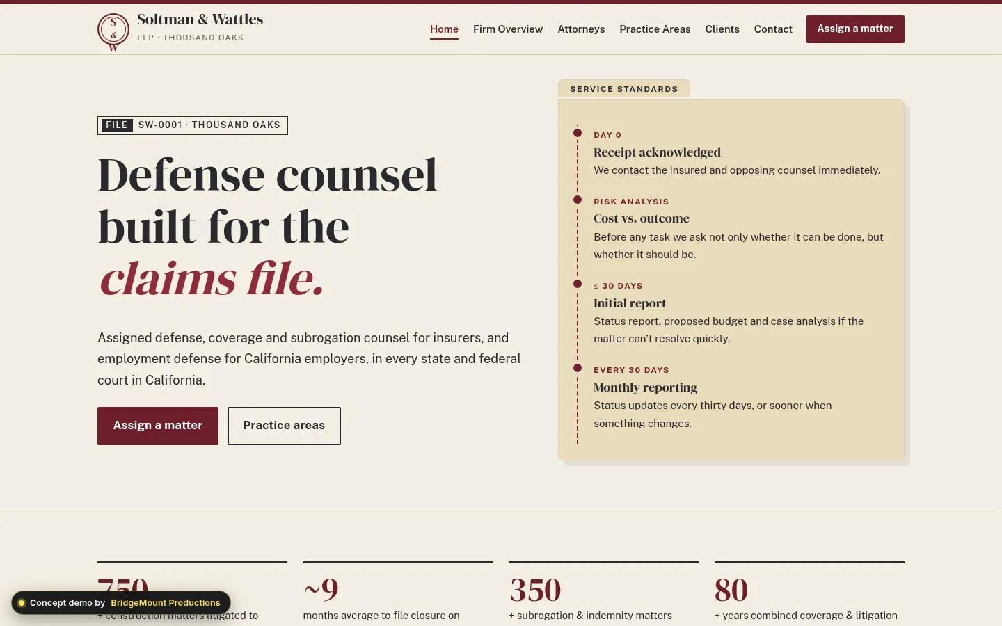 First screen of the “Case File” concept redesign for a insurance defense law firm in Thousand Oaks