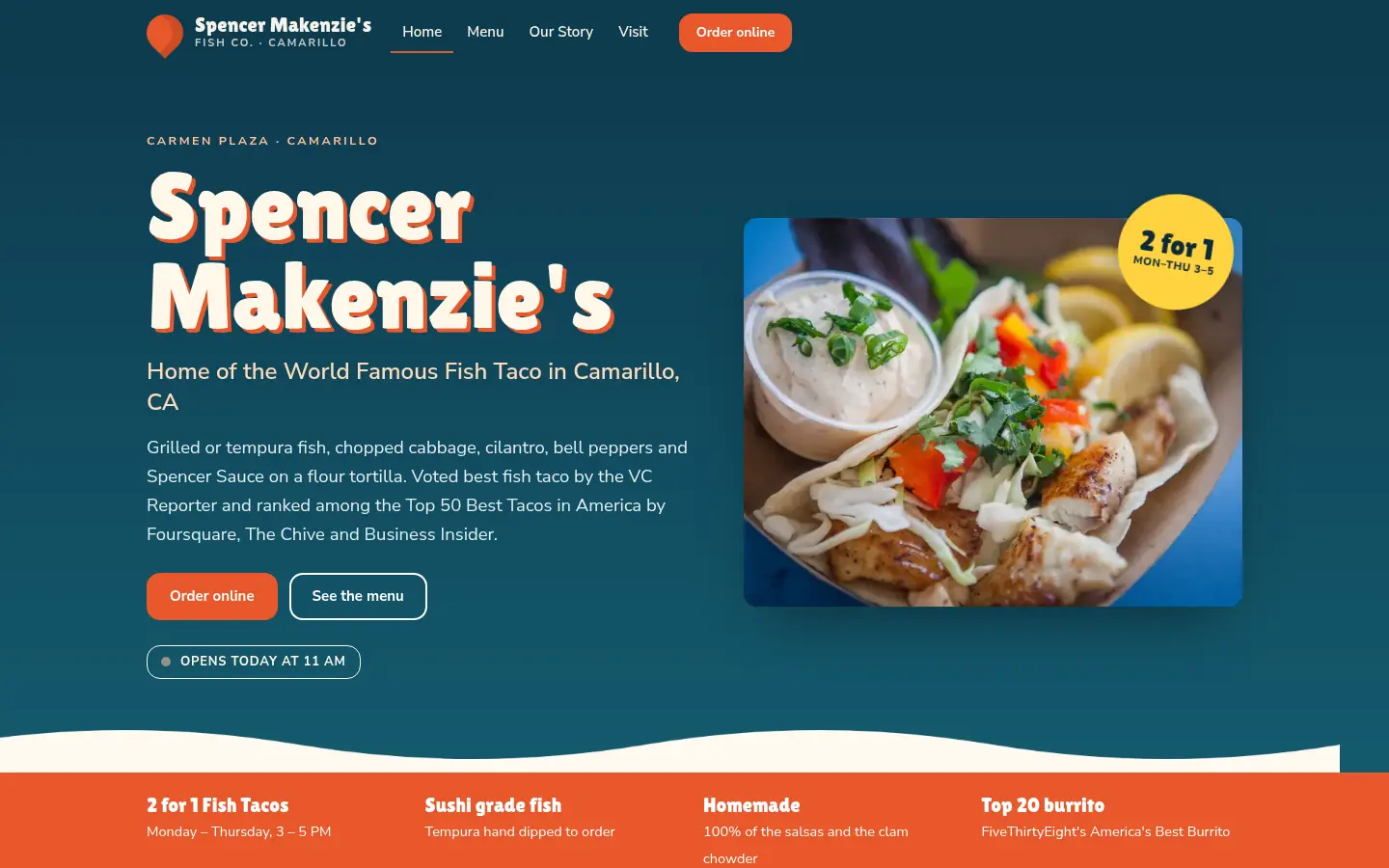 First screen of the “Brooklyn Style” concept redesign for Spencer Makenzie’s, a fish taco restaurant in Camarillo