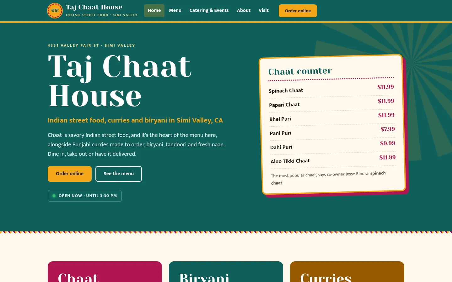 First screen of the “Chaat Cart” concept redesign for Taj Chaat House, a indian food & chaat in Simi Valley