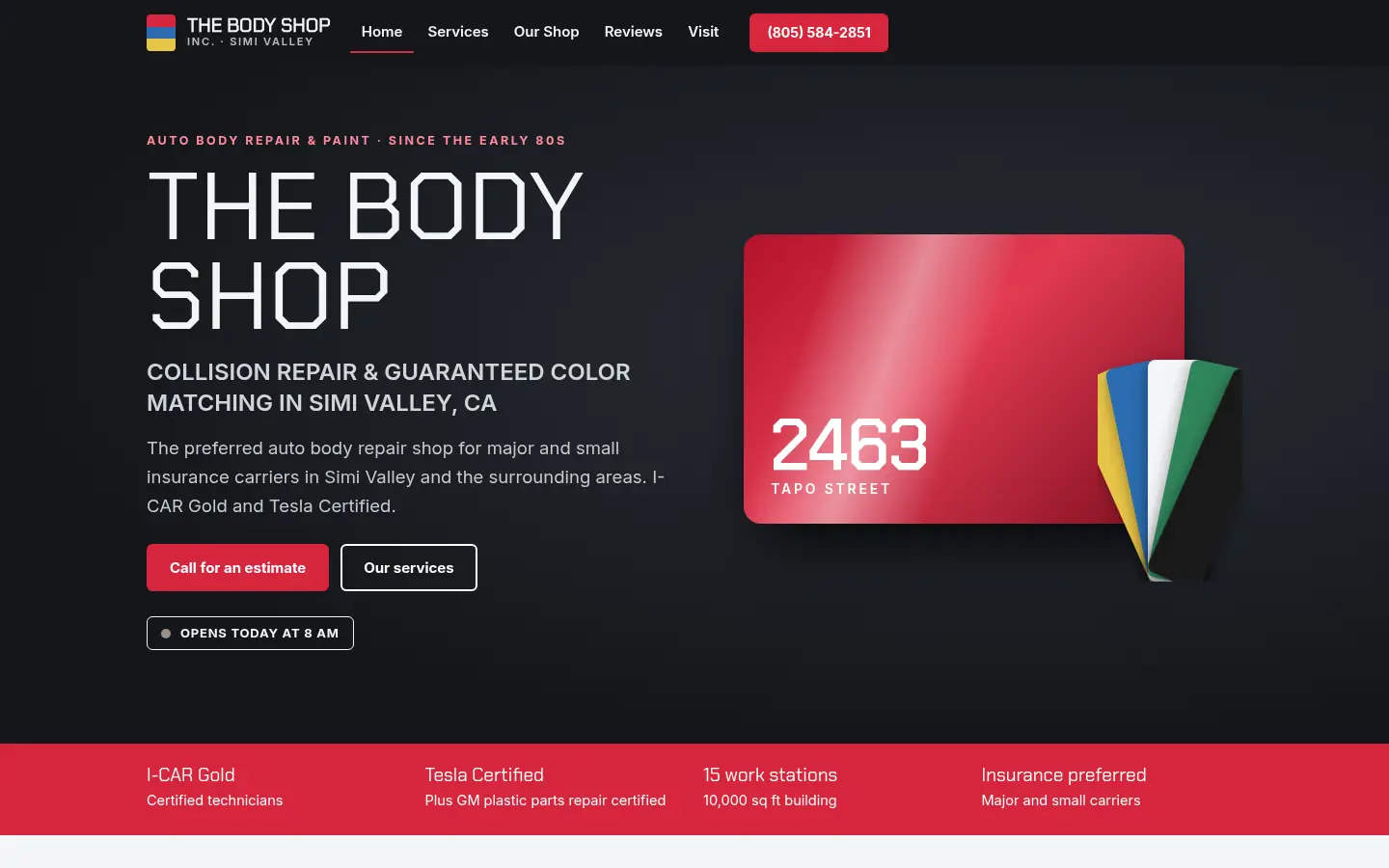 First screen of the “Color Match” concept redesign for The Body Shop, a collision repair shop in Simi Valley