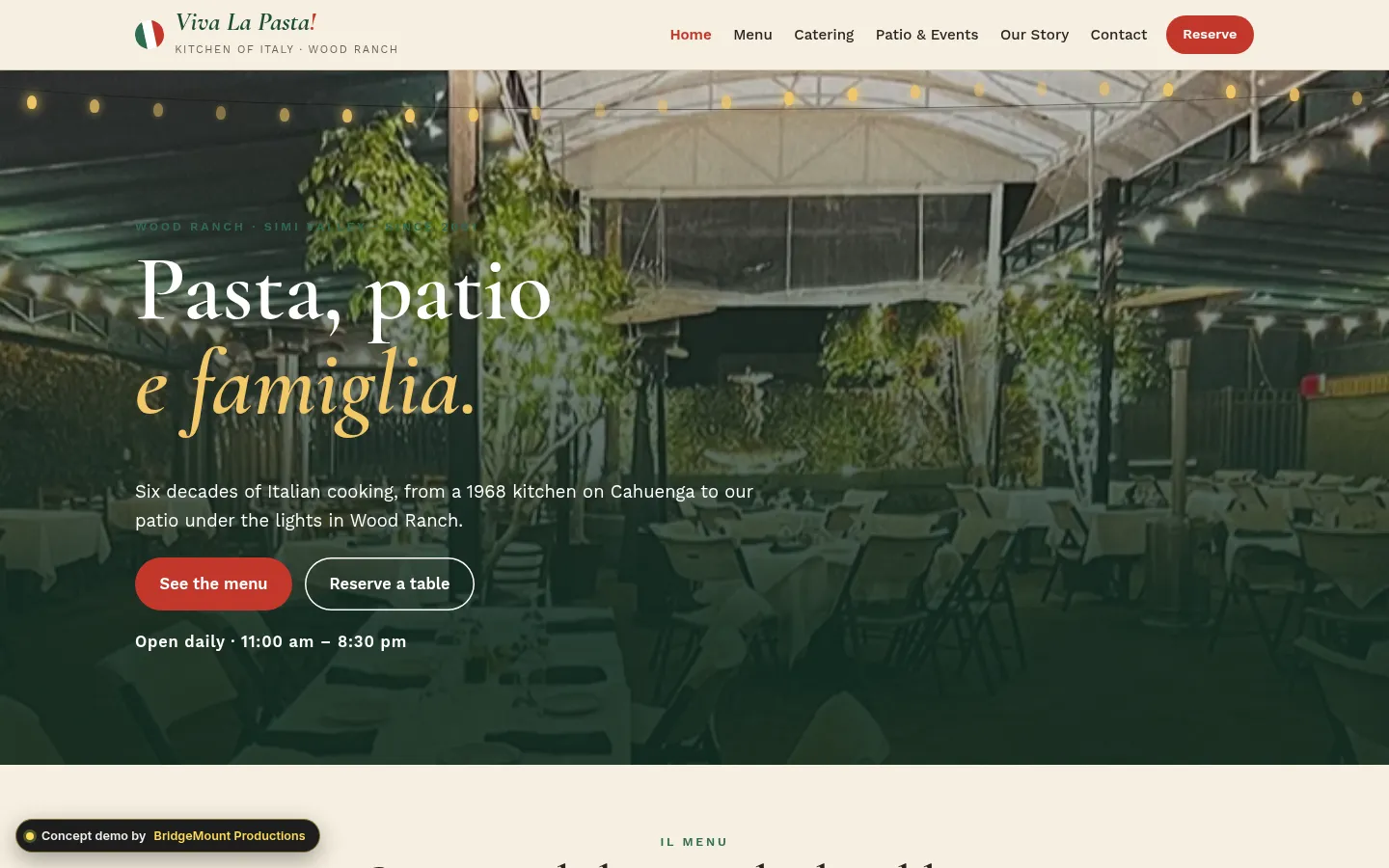 First screen of the “Patio Lights” concept redesign for a italian restaurant & patio in Simi Valley