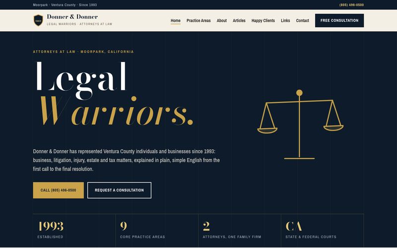 First screen of the "Brass & Bodoni" concept redesign for a business & litigation law firm in Moorpark