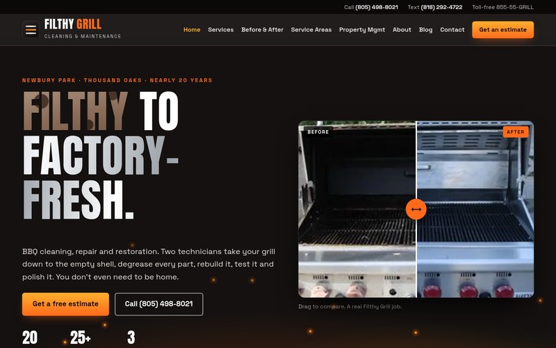 First screen of the "Degrease" concept redesign for a bbq grill cleaning & repair in Newbury Park