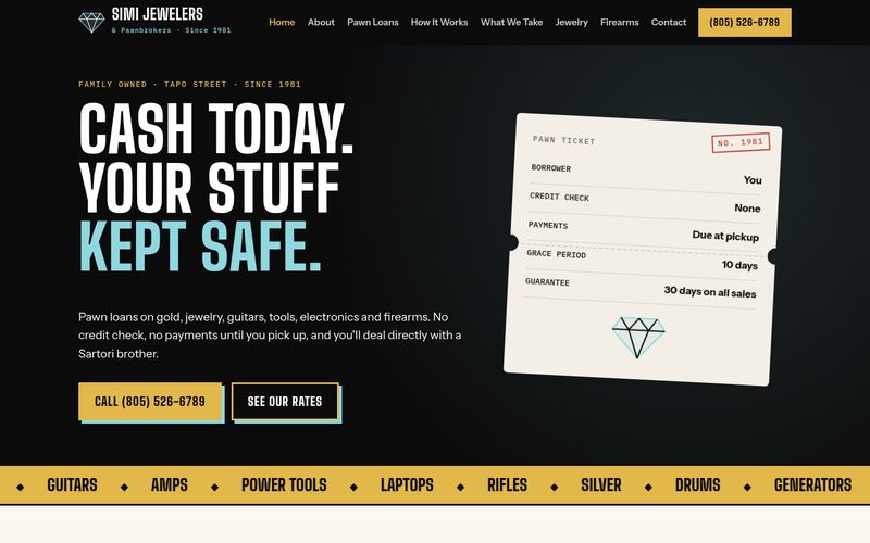 First screen of the "Pawn Ticket" concept redesign for a jewelry & pawn shop in Simi Valley