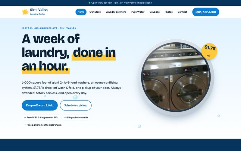 First screen of the "Spin Cycle" concept redesign for a laundromat & wash-and-fold in Simi Valley