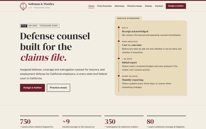 First screen of the "Case File" concept redesign for a insurance defense law firm in Thousand Oaks