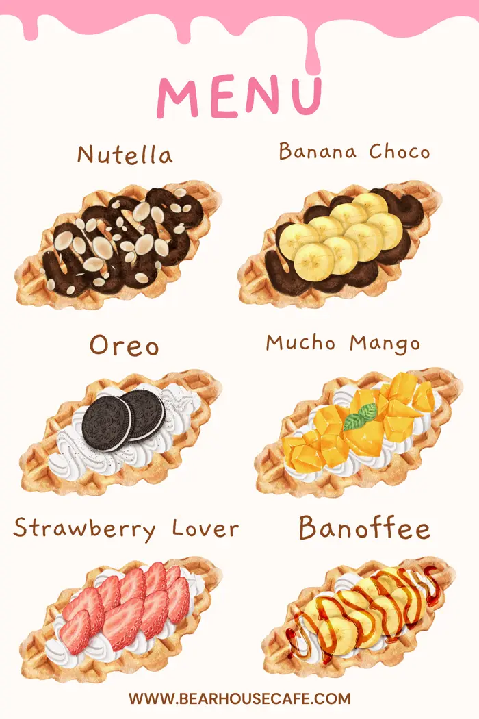 Croffle menu poster: Nutella, Banana Choco, Oreo, Mucho Mango, Strawberry Lover, Banoffee