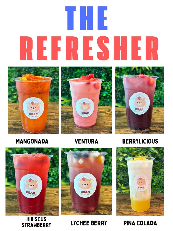The Refresher drinks poster: Mangonada, Ventura, Berrylicious, Hibiscus Strawberry, Lychee Berry, Piña Colada