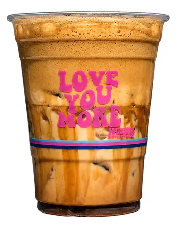 Iced latte in a Love You More cup
