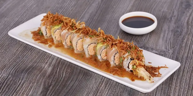 Willy Special Roll topped with seared albacore and avocado