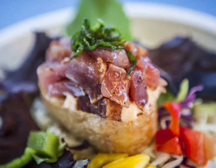 Ahi Pocket: tofu pocket with sushi rice, dynamite sauce and blackened ahi