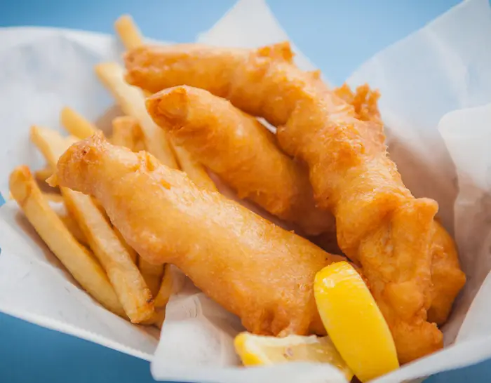 Tempura fish and chips with coleslaw