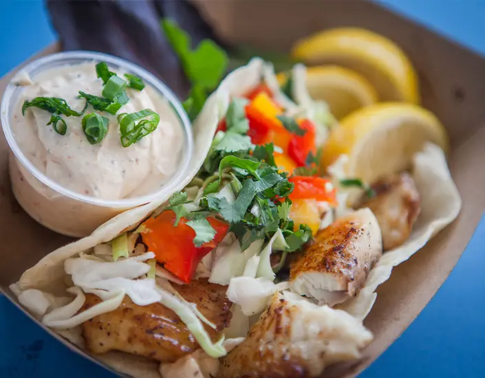 Two World Famous Fish Tacos with cabbage, peppers and Spencer Sauce at Spencer Makenzie's